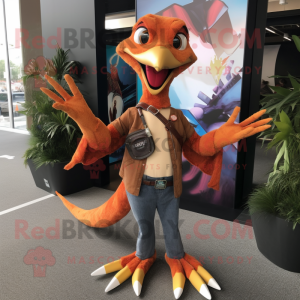 Rust Pterodactyl mascot costume character dressed with a Bootcut Jeans and Bracelets