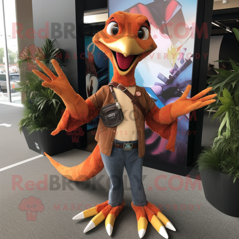 Rust Pterodactyl mascot costume character dressed with a Bootcut Jeans and Bracelets