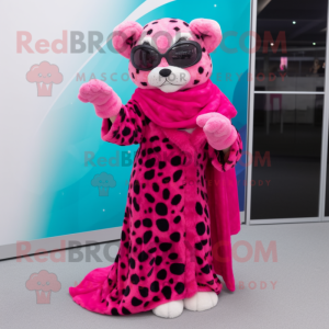 Magenta Leopard mascot costume character dressed with a Wrap Dress and Eyeglasses