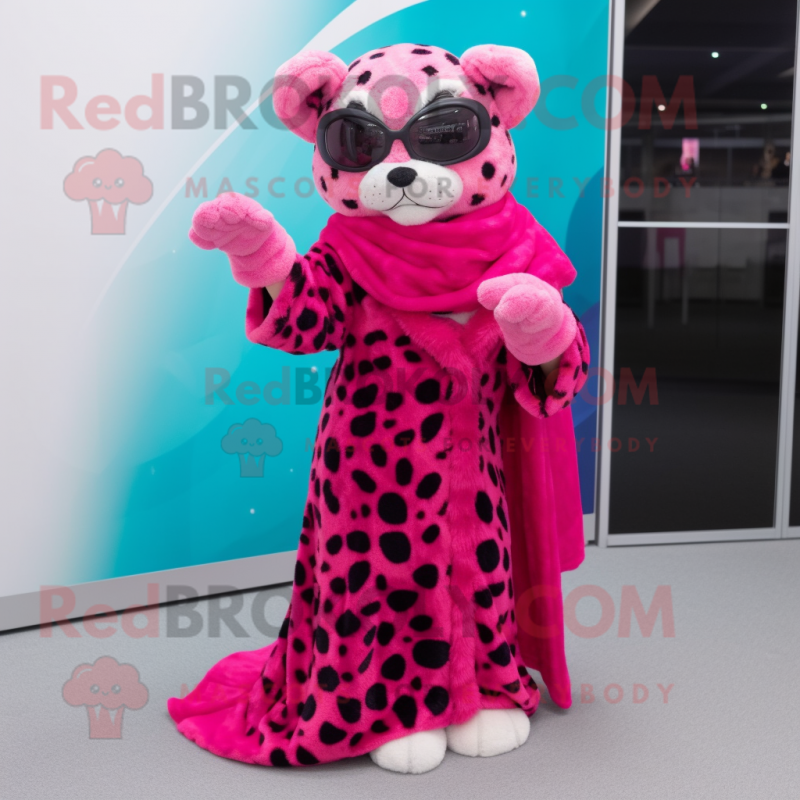 Magenta Leopard mascot costume character dressed with a Wrap Dress and Eyeglasses