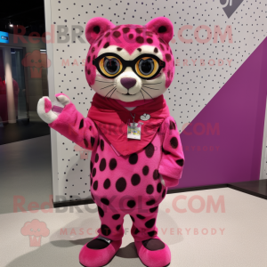 Magenta Leopard mascot costume character dressed with a Wrap Dress and Eyeglasses