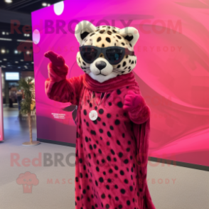 Magenta Leopard mascot costume character dressed with a Wrap Dress and Eyeglasses