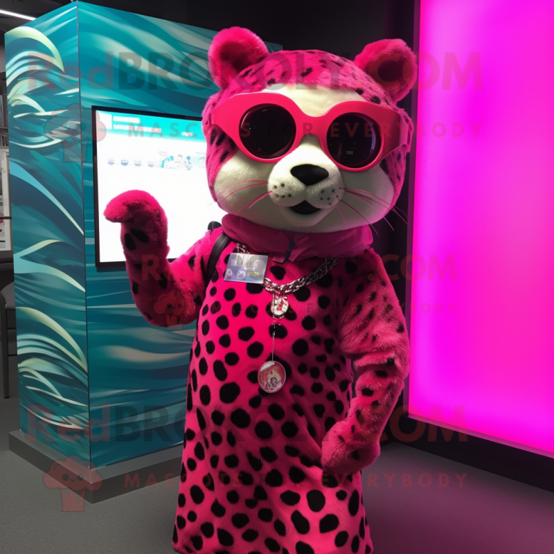 Magenta Leopard mascot costume character dressed with a Wrap Dress and Eyeglasses