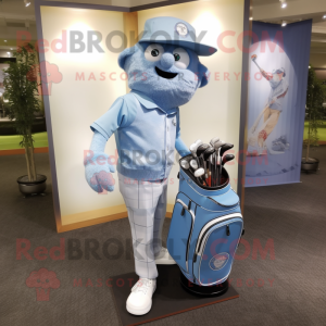 Sky Blue Golf Bag mascot costume character dressed with a Chambray Shirt and Lapel pins