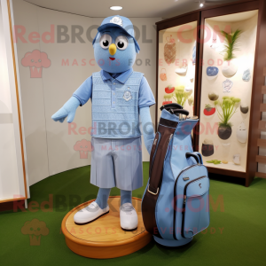 Sky Blue Golf Bag mascot costume character dressed with a Chambray Shirt and Lapel pins