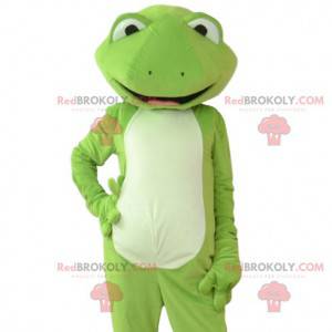 Bardzo elegancka i bardzo uśmiechnięta maskotka zielona żaba -