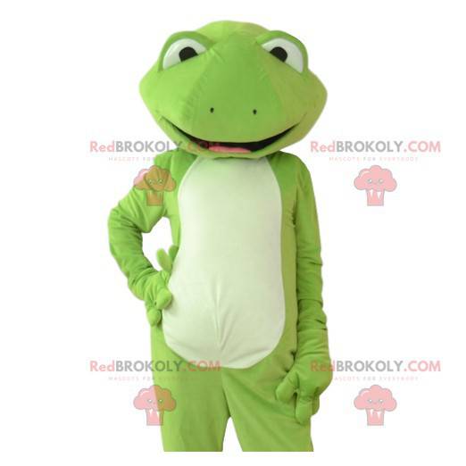 Bardzo elegancka i bardzo uśmiechnięta maskotka zielona żaba -