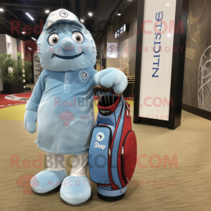 Sky Blue Golf Bag mascot costume character dressed with a Chambray Shirt and Lapel pins