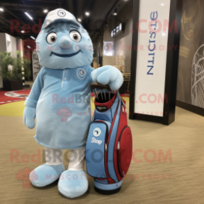 Sky Blue Golf Bag mascot costume character dressed with a Chambray Shirt and Lapel pins