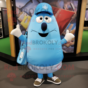 Sky Blue Golf Bag mascot costume character dressed with a Chambray Shirt and Lapel pins