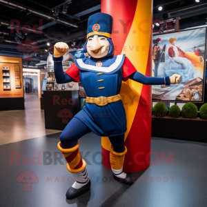 Navy Swiss Guard mascot costume character dressed with a Yoga Pants and Headbands