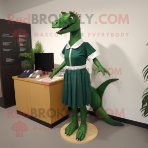 Forest Green Spinosaurus mascot costume character dressed with a Shift Dress and Tie pins