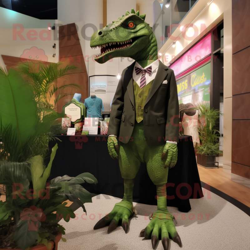 Forest Green Spinosaurus mascot costume character dressed with a Shift Dress and Tie pins