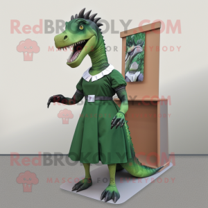 Forest Green Spinosaurus mascot costume character dressed with a Shift Dress and Tie pins