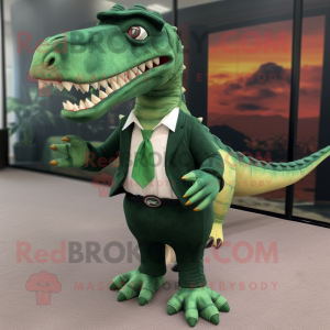 Forest Green Spinosaurus mascot costume character dressed with a Shift Dress and Tie pins