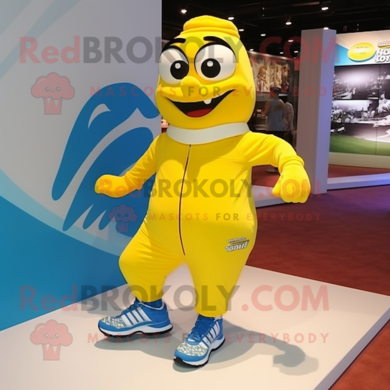 Yellow Pair Of Ice Skates mascot costume character dressed with a Running Shorts and Shoe clips Yellow Pair Of Ice Skates mascot costume character dressed with a Running Shorts and Shoe clips