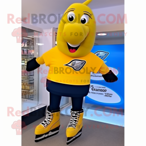 Yellow Pair Of Ice Skates mascot costume character dressed with a Running Shorts and Shoe clips