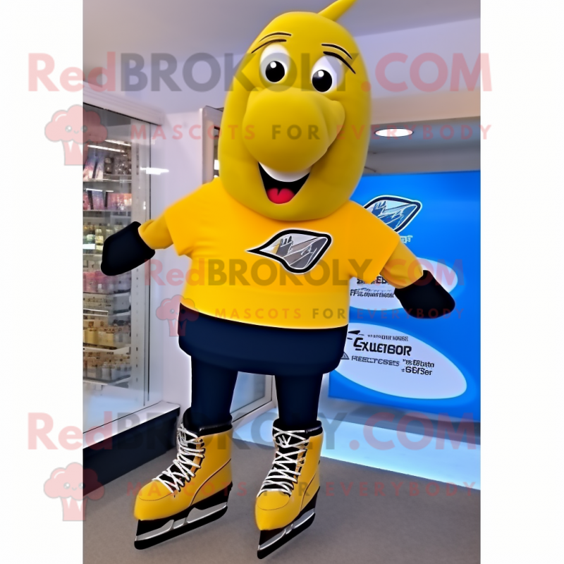 Yellow Pair Of Ice Skates mascot costume character dressed with a Running Shorts and Shoe clips Yellow Pair Of Ice Skates mascot costume character dressed with a Running Shorts and Shoe clips