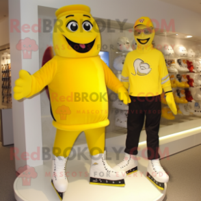 Yellow Pair Of Ice Skates mascot costume character dressed with a Running Shorts and Shoe clips