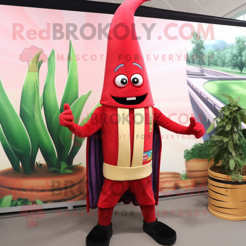 Red Asparagus mascot costume character dressed with a Graphic Tee and Belts