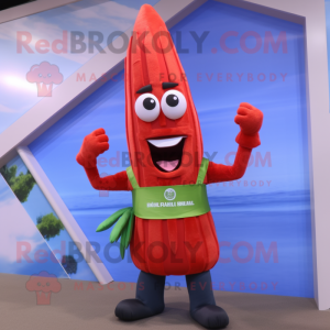 Red Asparagus mascot costume character dressed with a Graphic Tee and Belts