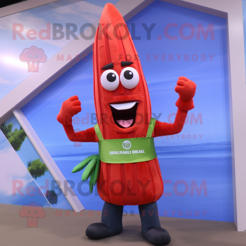 Red Asparagus mascot costume character dressed with a Graphic Tee and Belts Red Asparagus mascot costume character dressed with a Graphic Tee and Belts