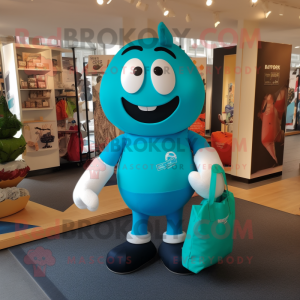 Turquoise Rugby Ball mascot costume character dressed with a Rugby Shirt and Tote bags