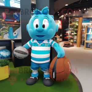 Turquoise Rugby Ball mascot costume character dressed with a Rugby Shirt and Tote bags