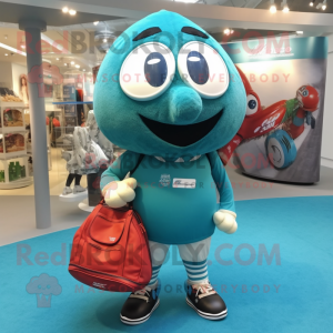 Turquoise Rugby Ball mascot costume character dressed with a Rugby Shirt and Tote bags