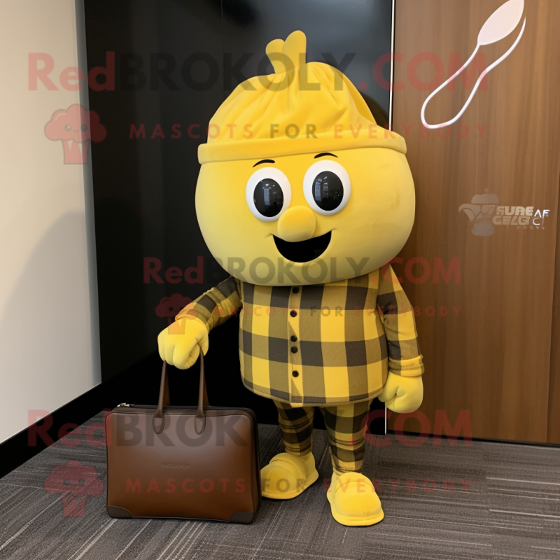 Gold Turnip mascot costume character dressed with a Flannel Shirt and Briefcases