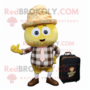 Gold Turnip mascot costume character dressed with a Flannel Shirt and Briefcases