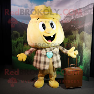 Gold Turnip mascot costume character dressed with a Flannel Shirt and Briefcases