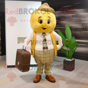 Gold Turnip mascot costume character dressed with a Flannel Shirt and Briefcases