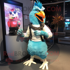 Cyan Roosters mascot costume character dressed with a Cargo Shorts and Gloves