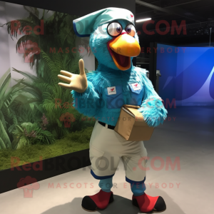 Cyan Roosters mascot costume character dressed with a Cargo Shorts and Gloves