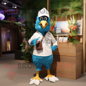 Cyan Roosters mascot costume character dressed with a Cargo Shorts and Gloves