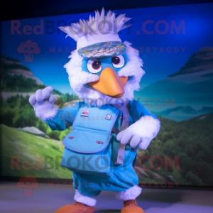 Cyan Roosters mascot costume character dressed with a Cargo Shorts and Gloves