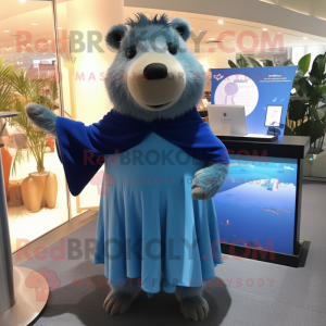Blue Capybara mascot costume character dressed with a V-Neck Tee and Shawls