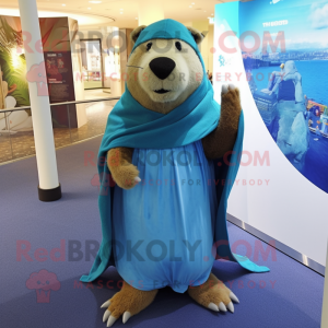 Blue Capybara mascot costume character dressed with a V-Neck Tee and Shawls