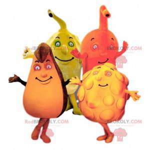 Quarteto de mascotes de frutas coloridas e cômicas -