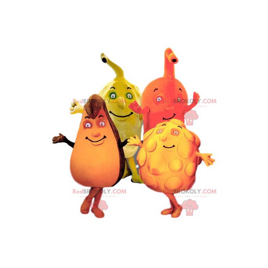 Kwartet van kleurrijke en komische fruitmascottes -