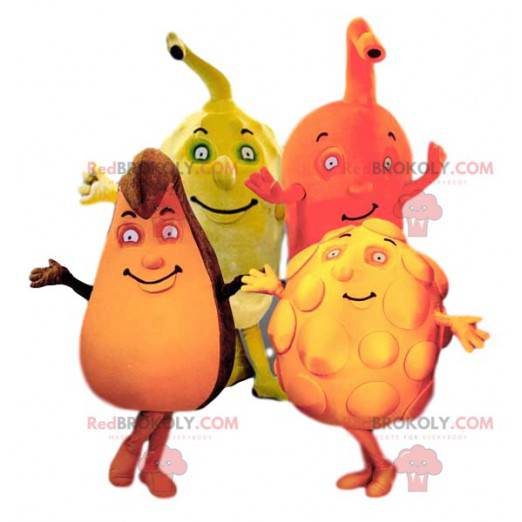 Kwartet van kleurrijke en komische fruitmascottes -