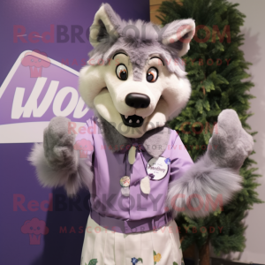 Lavender Say Wolf mascot costume character dressed with a Blouse and Cummerbunds