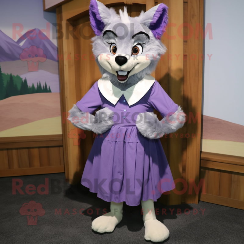 Lavender Say Wolf mascot costume character dressed with a Blouse and Cummerbunds Lavender Say Wolf mascot costume character dressed with a Blouse and Cummerbunds