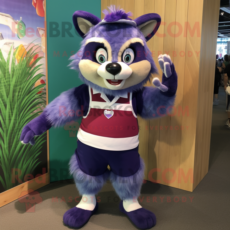 Purple Raccoon mascot costume character dressed with a Bermuda Shorts and Headbands Purple Raccoon mascot costume character dressed with a Bermuda Shorts and Headbands