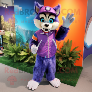Purple Raccoon mascot costume character dressed with a Bermuda Shorts and Headbands