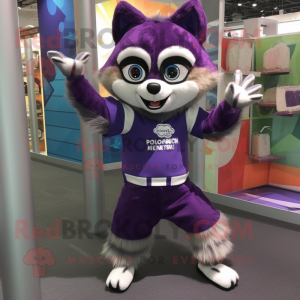 Purple Raccoon mascot costume character dressed with a Bermuda Shorts and Headbands