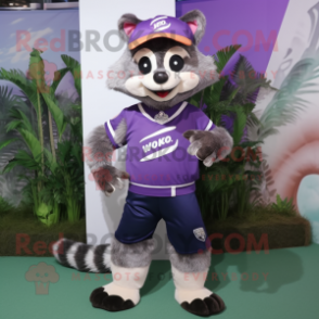 Purple Raccoon mascot costume character dressed with a Bermuda Shorts and Headbands