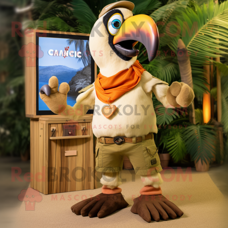 Tan Toucan mascot costume character dressed with a Cargo Shorts and Headbands