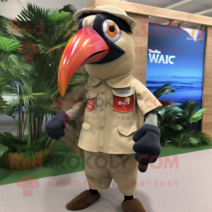 Tan Toucan mascot costume character dressed with a Cargo Shorts and Headbands